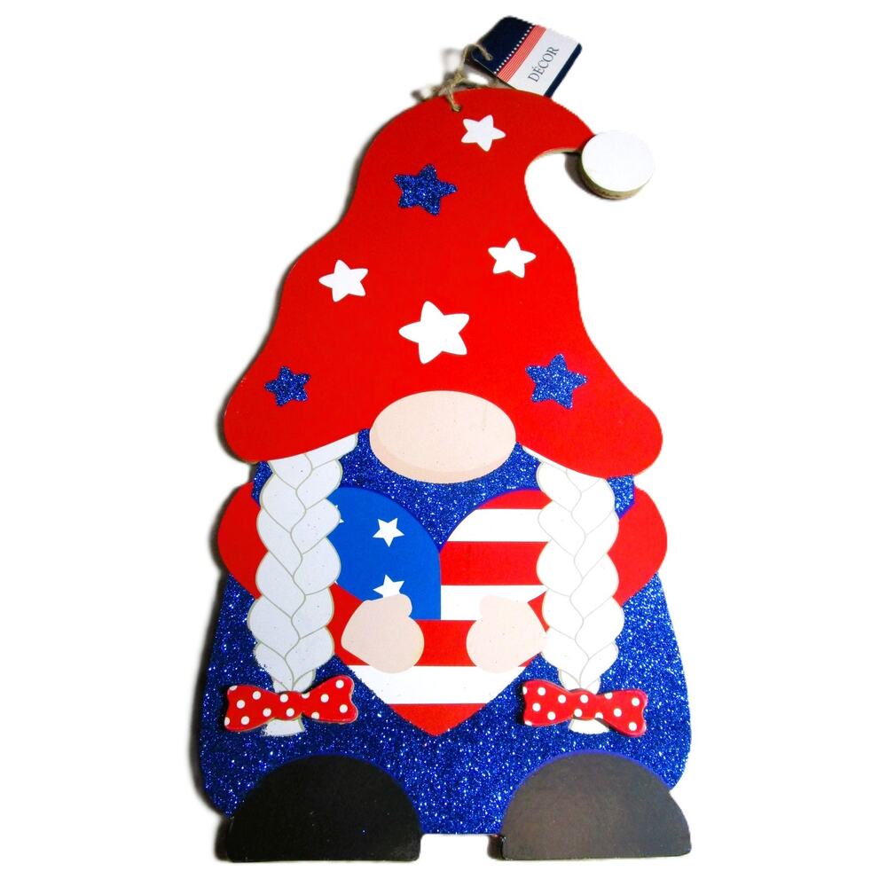 Patriotic Gnome Decor 14” Wood Cutout USA Flag Heart Americana Wall Decor